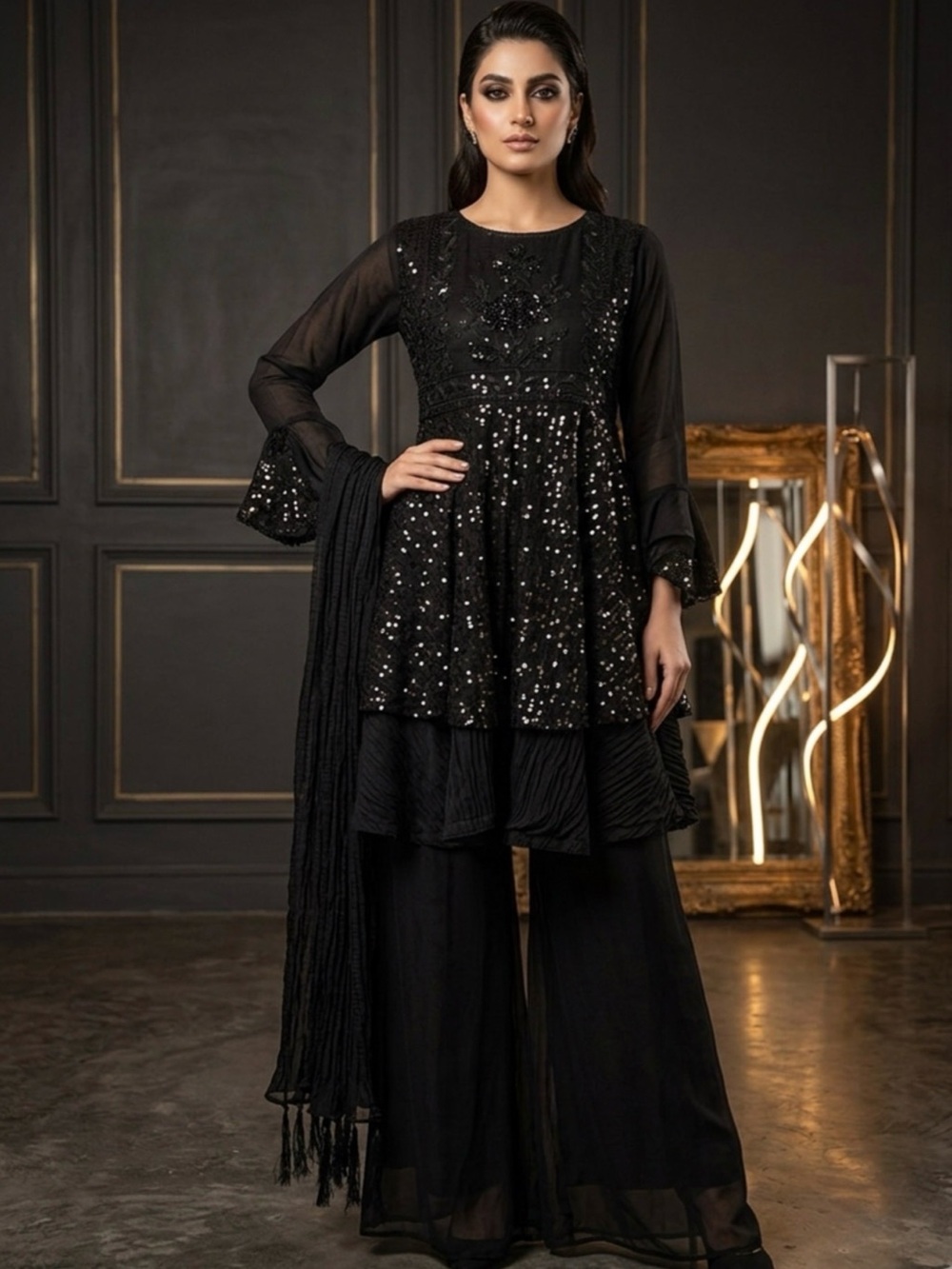 Black Sequin Embellished Frock with silky palazzo pants and sequin dupatta!